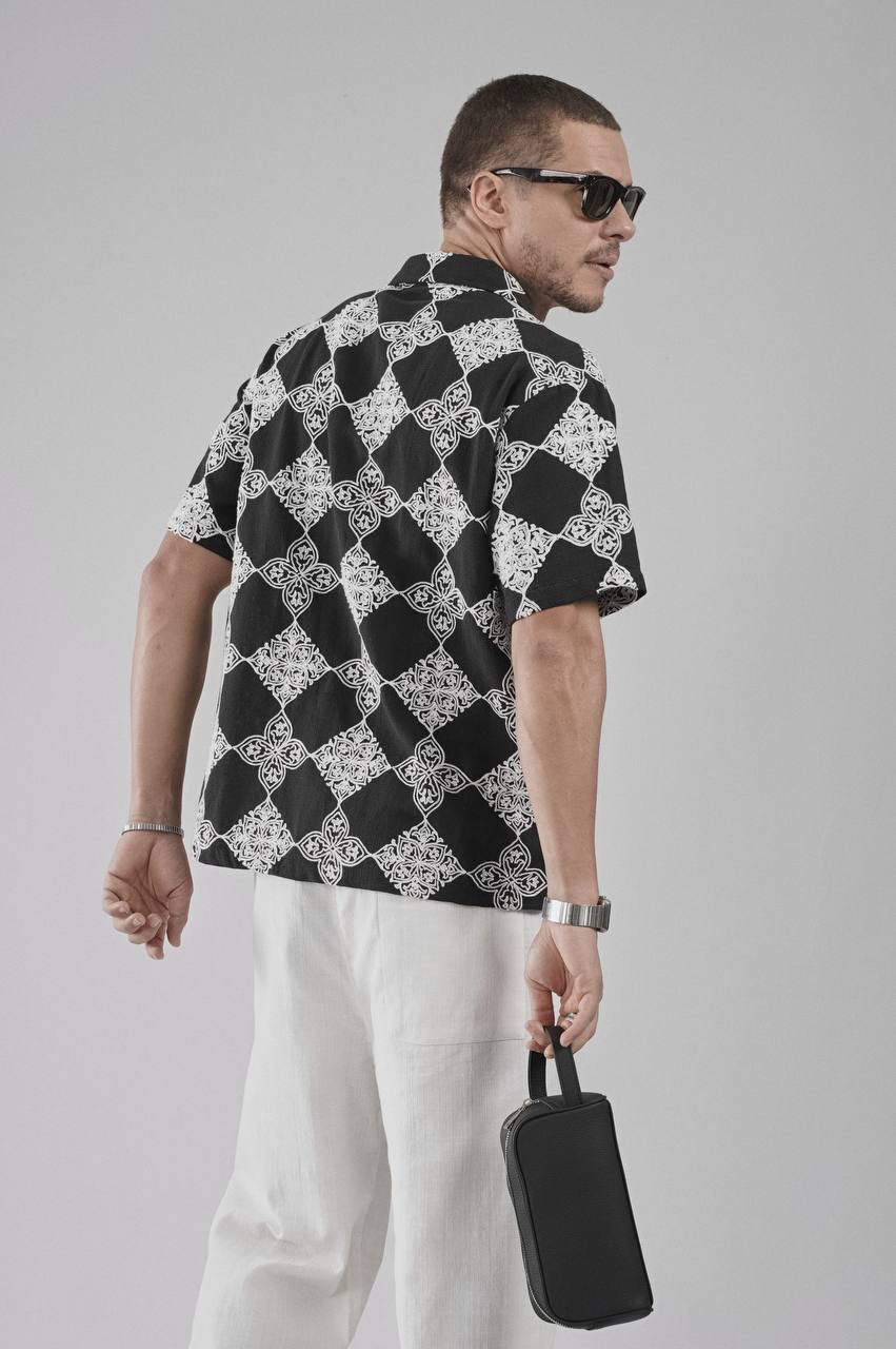 Oversize Leinenhemd mit Musterrung