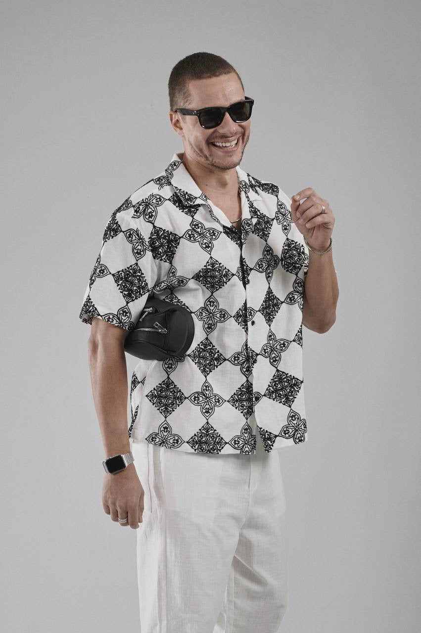 Oversize Leinenhemd mit Musterrung