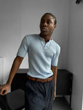 Slim-Fit Ripp-T-Shirt mit Stehkragen & Knopfleiste